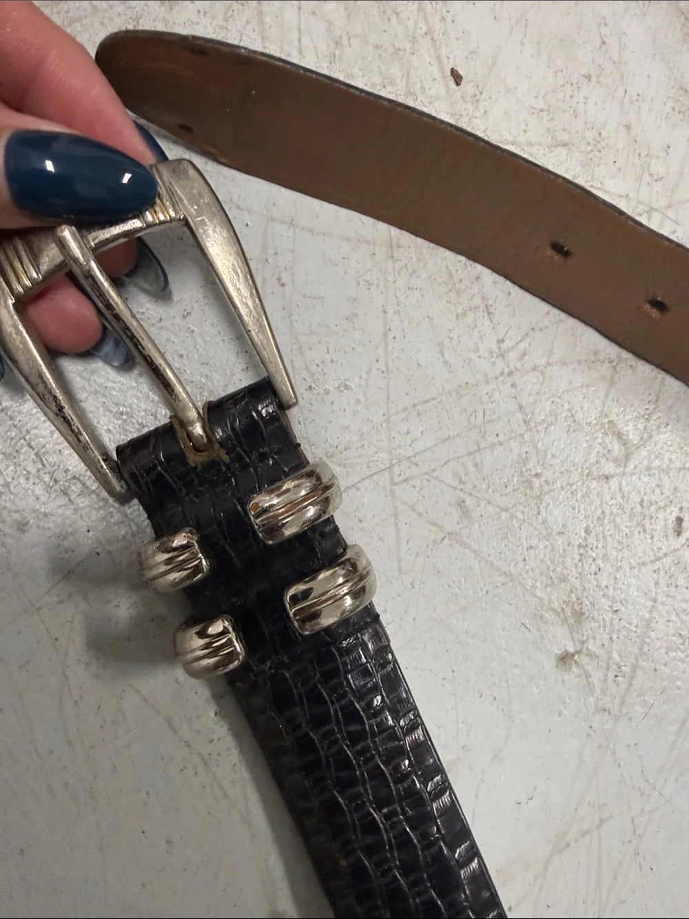 Black Croc-Embossed Leather Belt - Silver Hardware - 5 Belt Holes